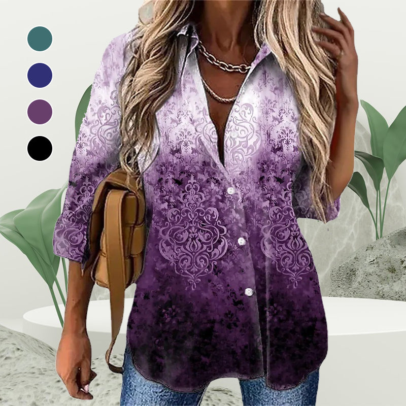 Noble Collared Print Long Sleeve Top