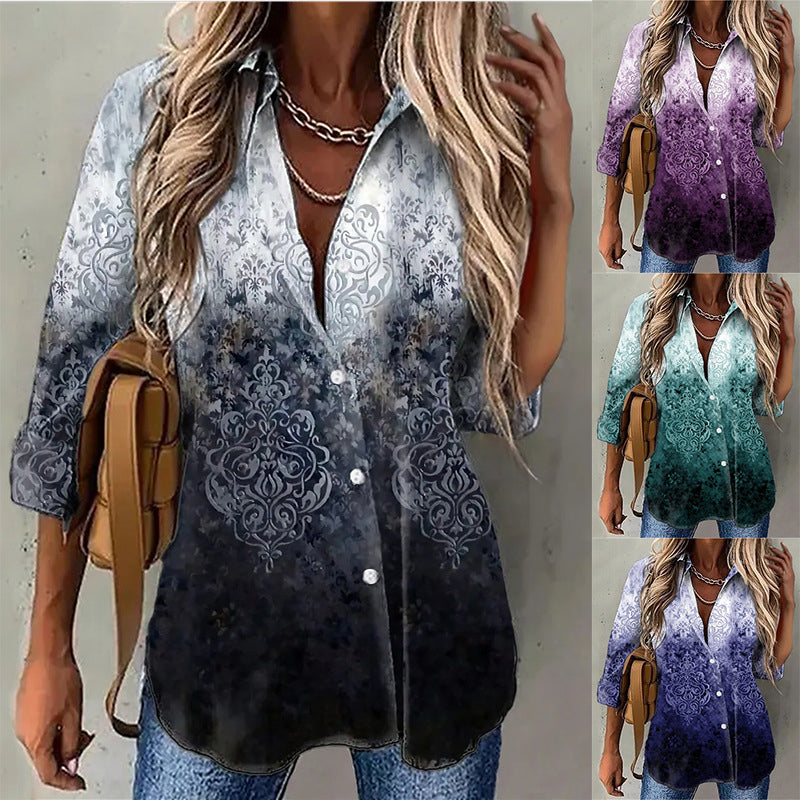 Noble Collared Print Long Sleeve Top