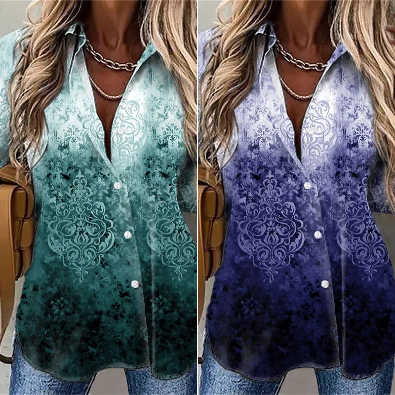 Noble Collared Print Long Sleeve Top