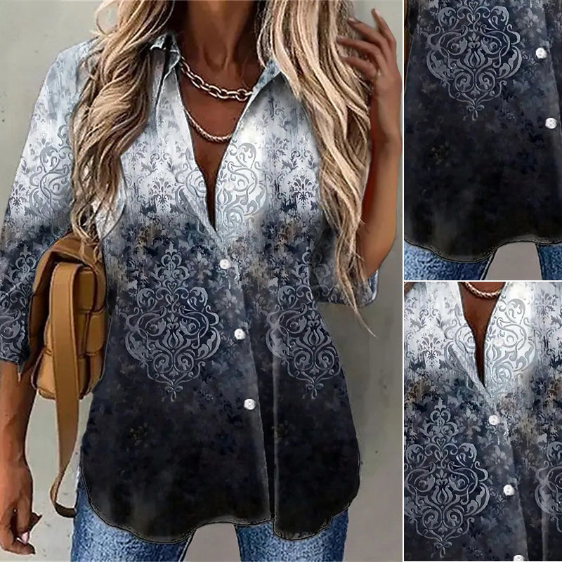 Noble Collared Print Long Sleeve Top
