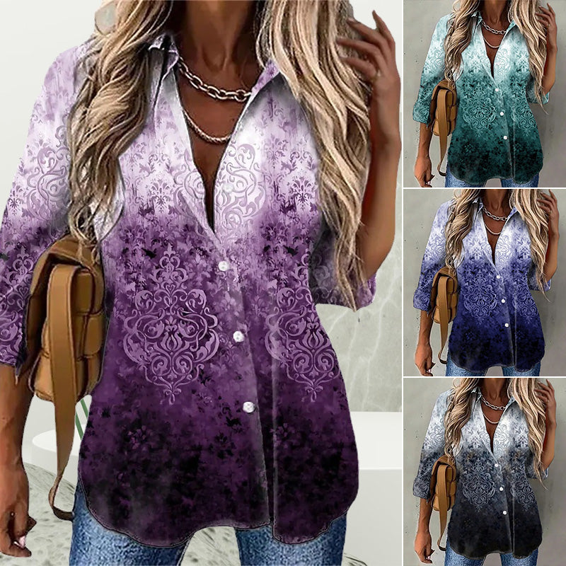 Noble Collared Print Long Sleeve Top