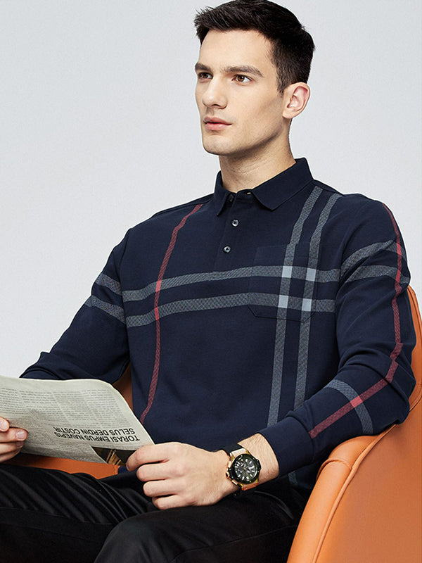 Men's Embroidered Lapel Pocket Long Sleeve Polo Shirt