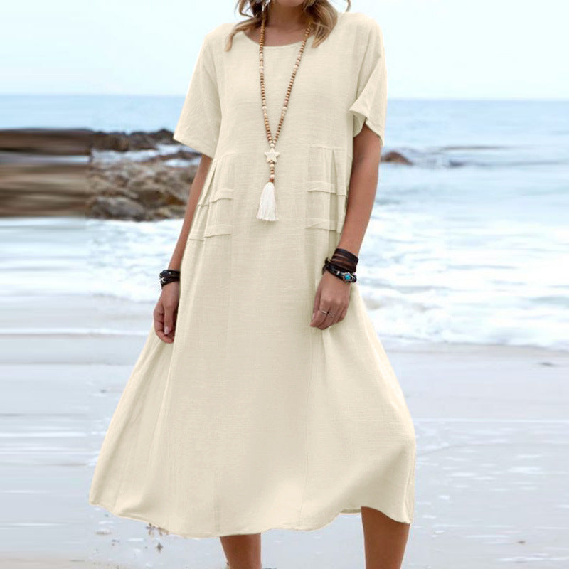 Cotton Linen Short Sleeve Round Neck Dress