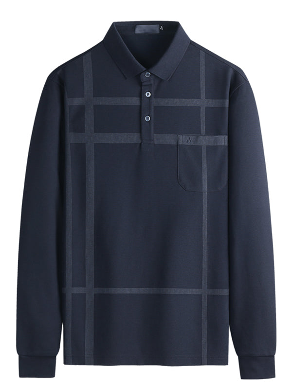 Men's Embroidered Lapel Pocket Long Sleeve Polo Shirt