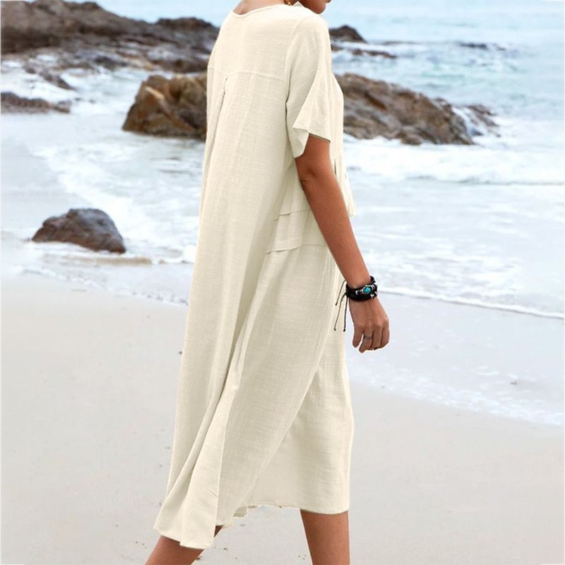 Cotton Linen Short Sleeve Round Neck Dress