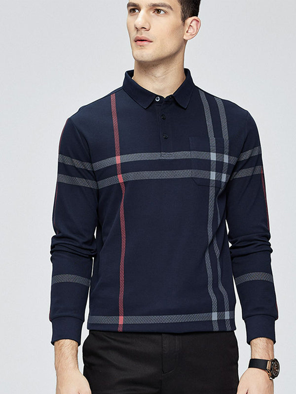 Men's Embroidered Lapel Pocket Long Sleeve Polo Shirt