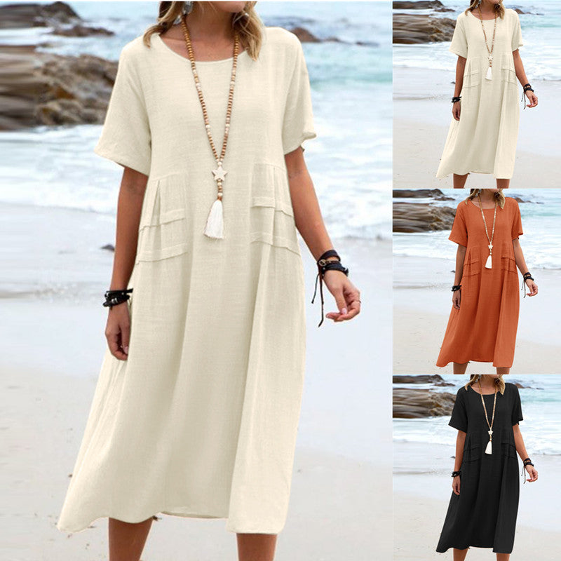 Cotton Linen Short Sleeve Round Neck Dress