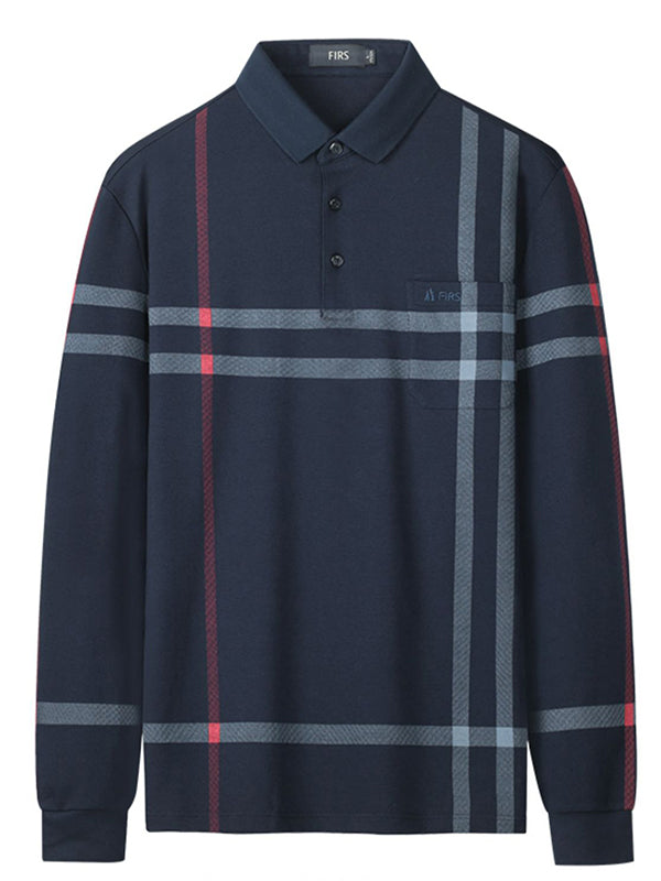 Men's Embroidered Lapel Pocket Long Sleeve Polo Shirt