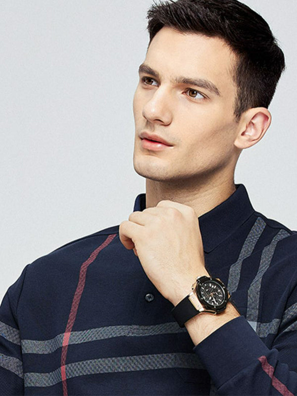 Men's Embroidered Lapel Pocket Long Sleeve Polo Shirt