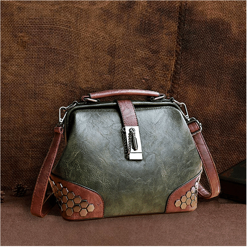 Retro Vintage Honeycomb Rivets Doctor Style Crossbody Handbag