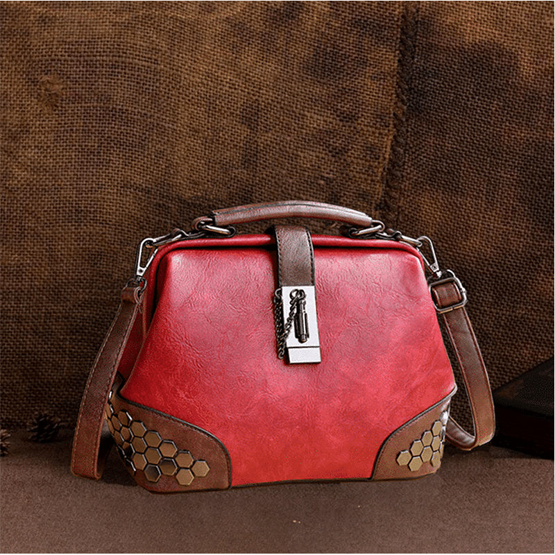 Retro Vintage Honeycomb Rivets Doctor Style Crossbody Handbag