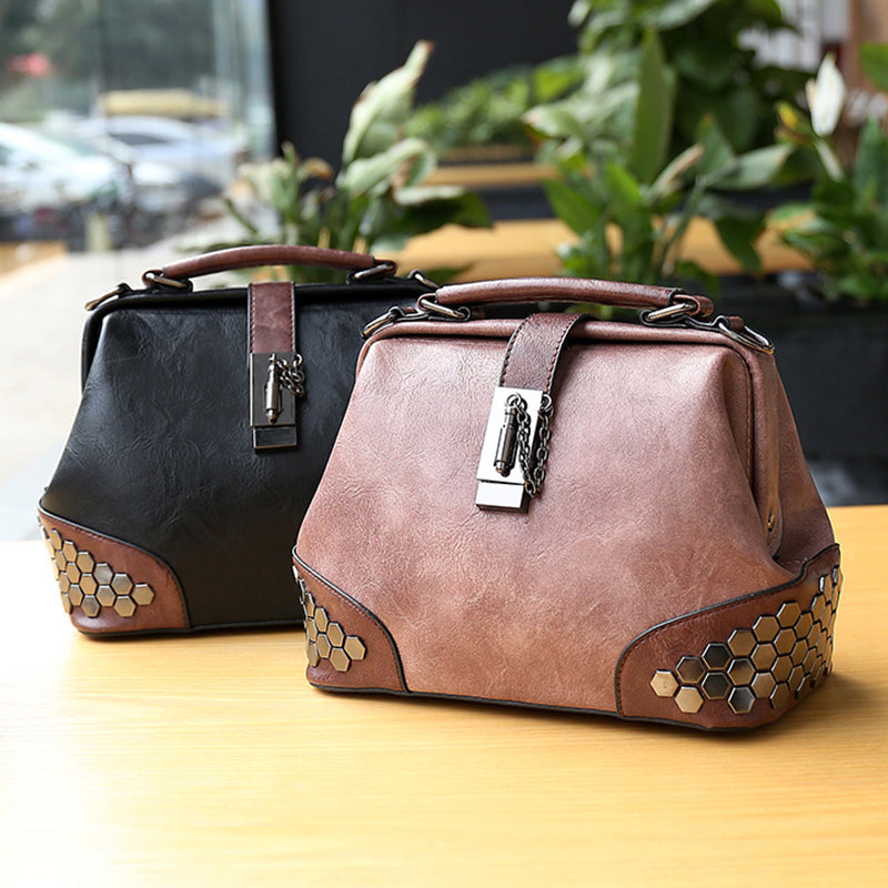 Retro Vintage Honeycomb Rivets Doctor Style Crossbody Handbag