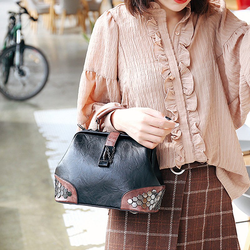 Retro Vintage Honeycomb Rivets Doctor Style Crossbody Handbag