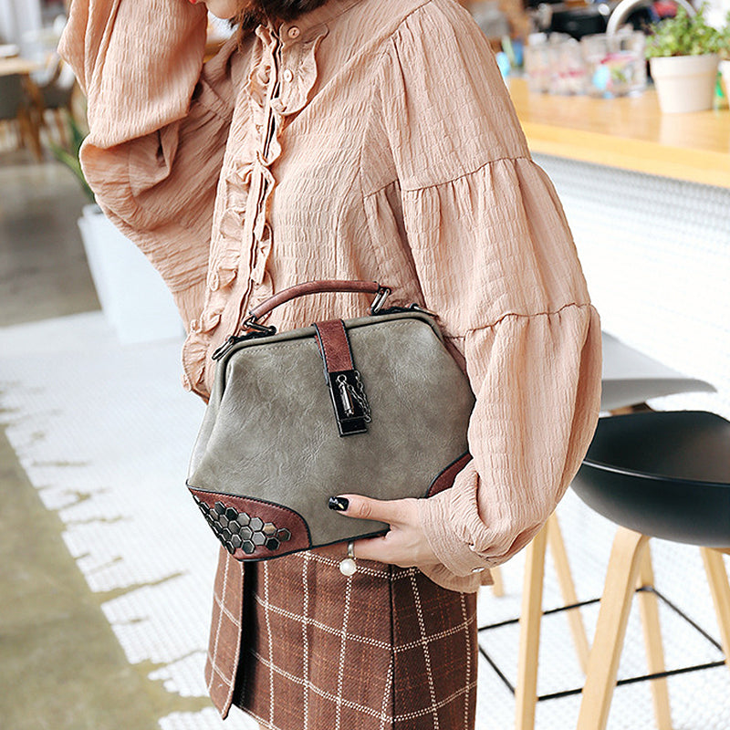 Retro Vintage Honeycomb Rivets Doctor Style Crossbody Handbag