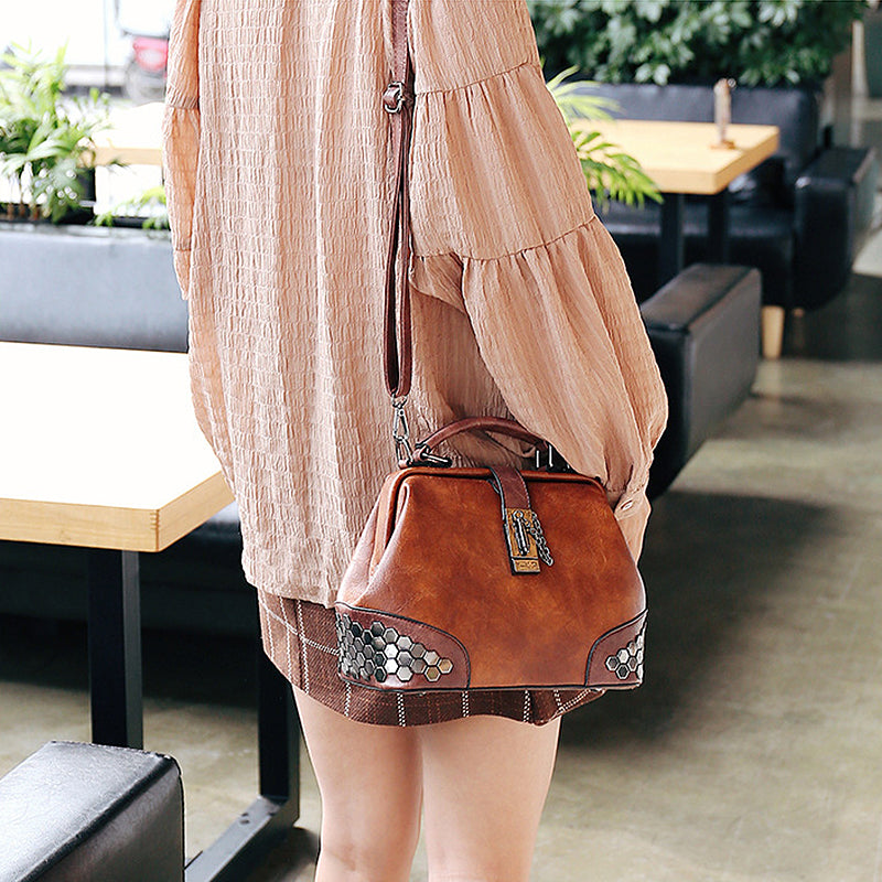 Retro Vintage Honeycomb Rivets Doctor Style Crossbody Handbag