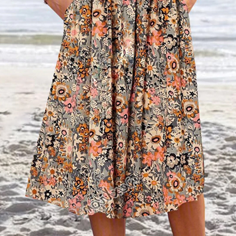 Scoop Neck Floral Printed Pockets Midi Dress