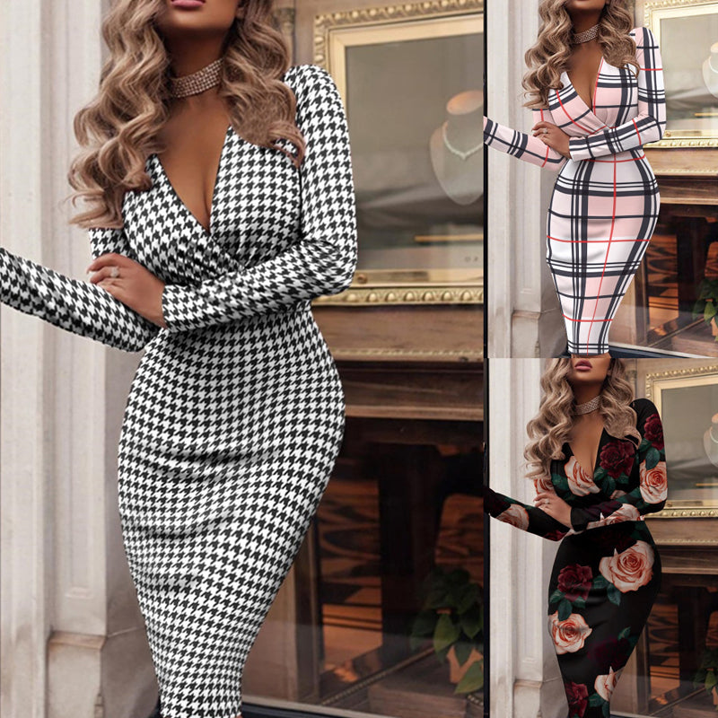 Sexy Long Sleeve V-neck Buttocks Print Dress