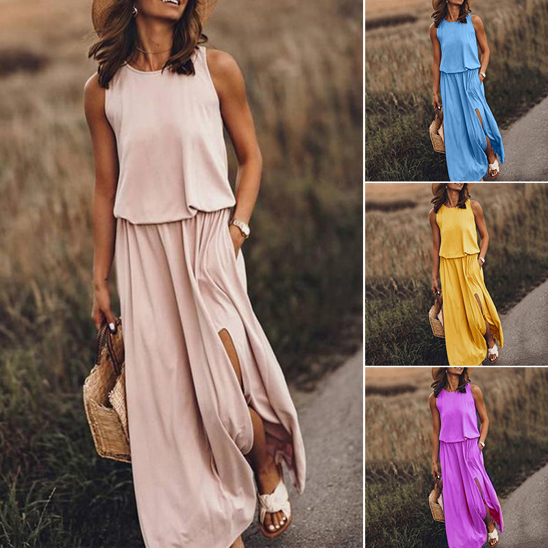 Sleeveless Slit Solid Dress