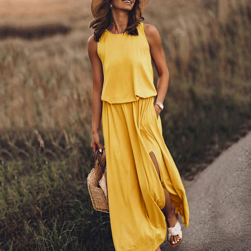 Sleeveless Slit Solid Dress