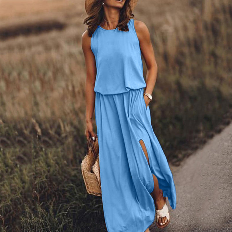 Sleeveless Slit Solid Dress