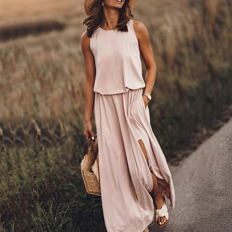 Sleeveless Slit Solid Dress