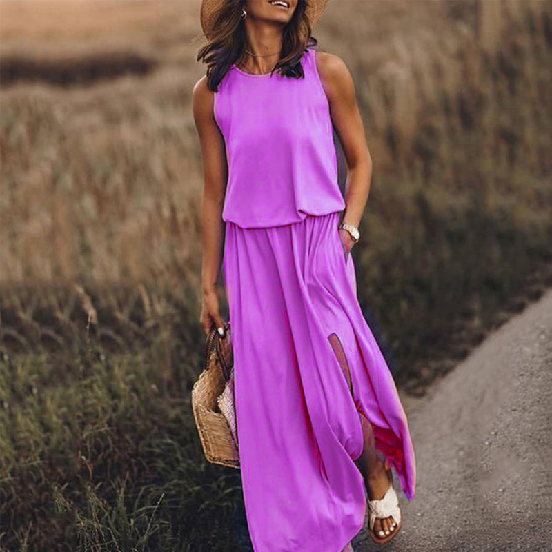 Sleeveless Slit Solid Dress