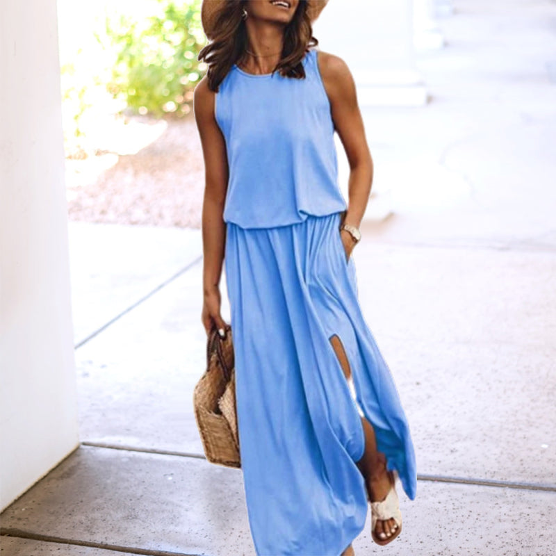 Sleeveless Slit Solid Dress