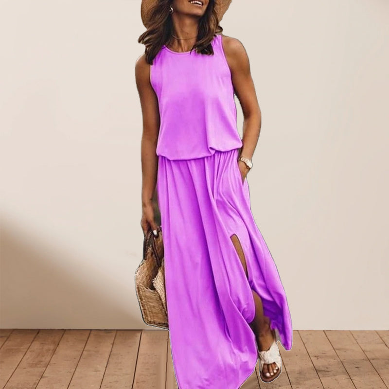 Sleeveless Slit Solid Dress