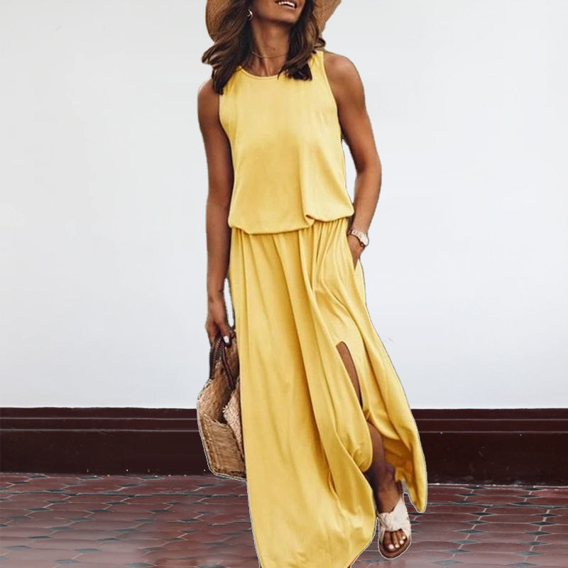 Sleeveless Slit Solid Dress