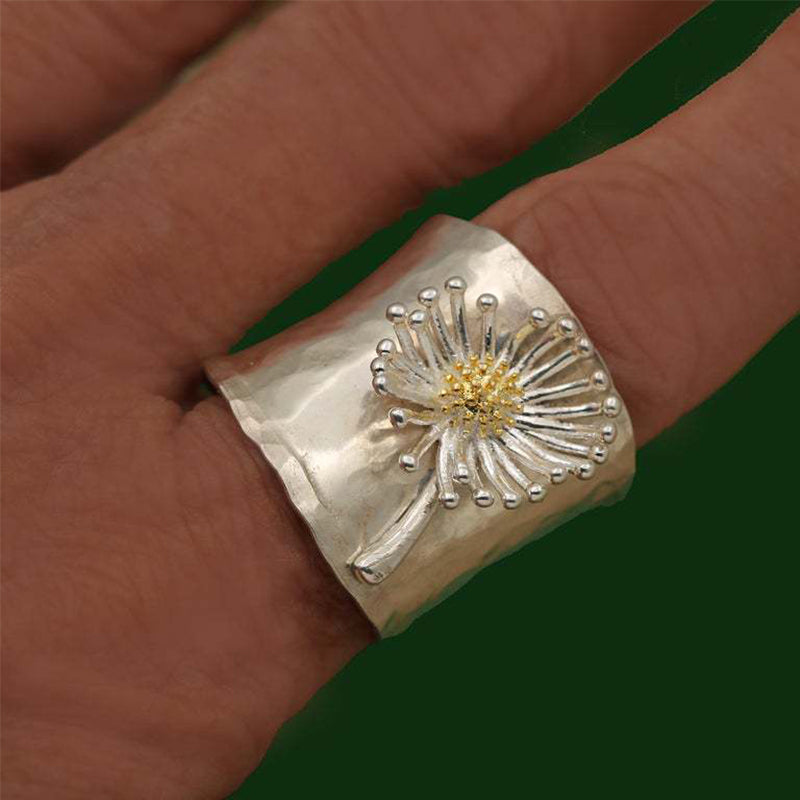 Sterling Silver Blooming Daisy Wide Band Ring