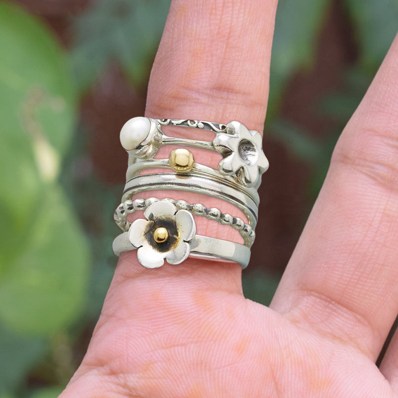 Sterling Silver Flower Pearl Set Ring
