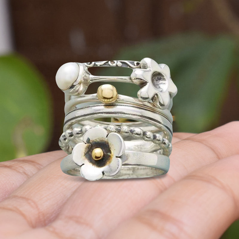 Sterling Silver Flower Pearl Set Ring