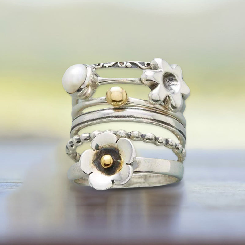 Sterling Silver Flower Pearl Set Ring