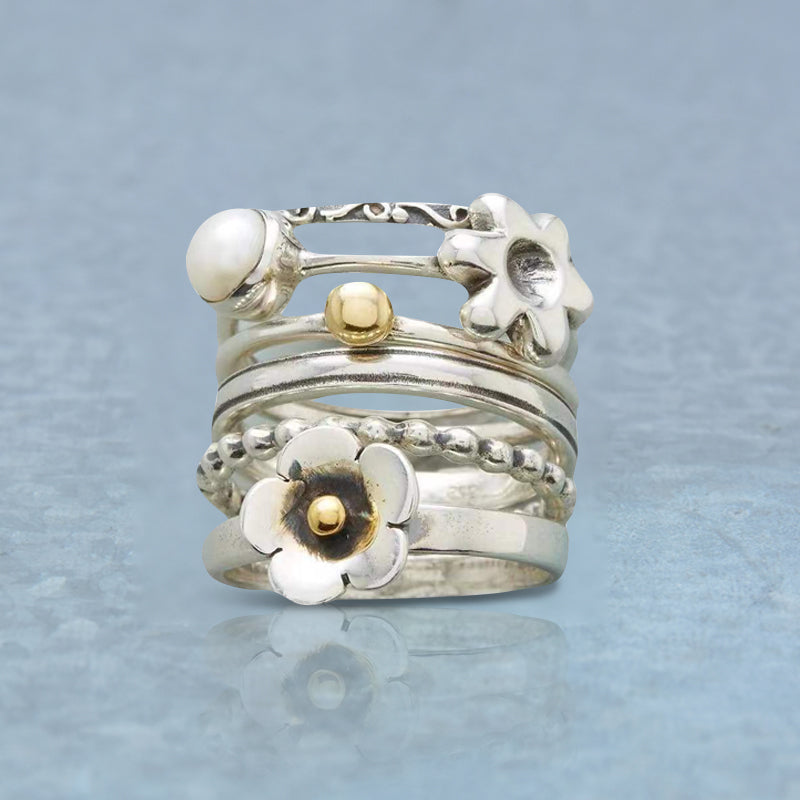 Sterling Silver Flower Pearl Set Ring