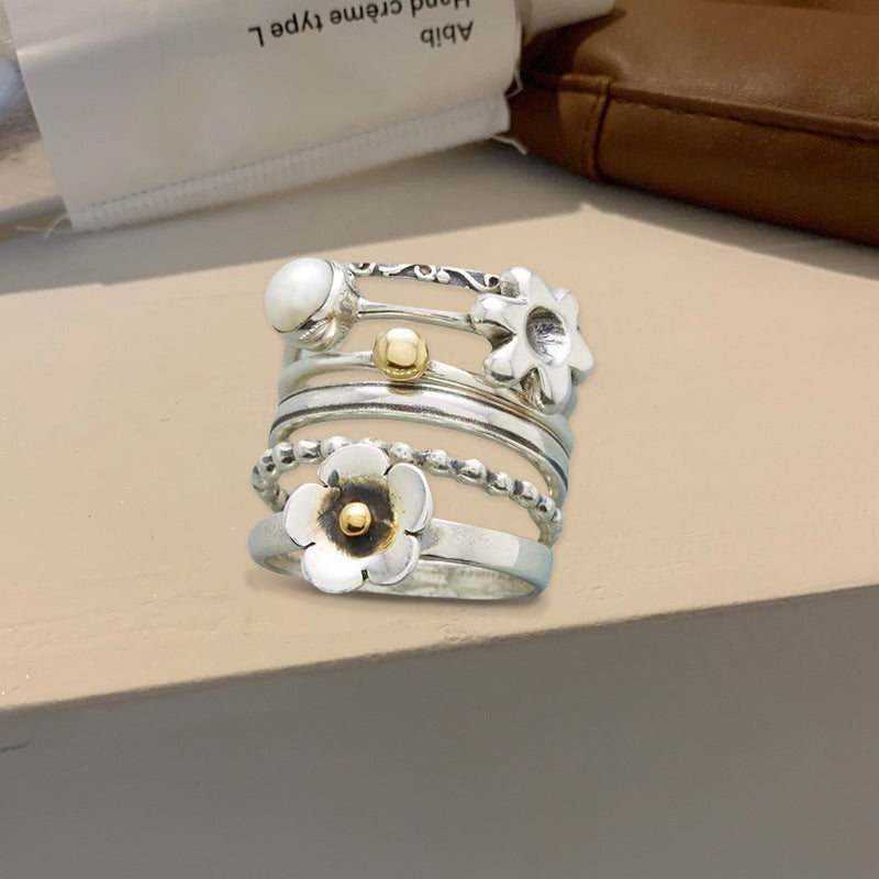 Sterling Silver Flower Pearl Set Ring