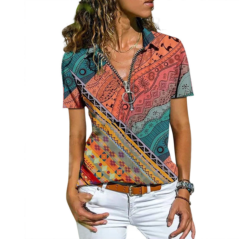Bohemian West Ethnic Zip Short Sleeve T-Shirt