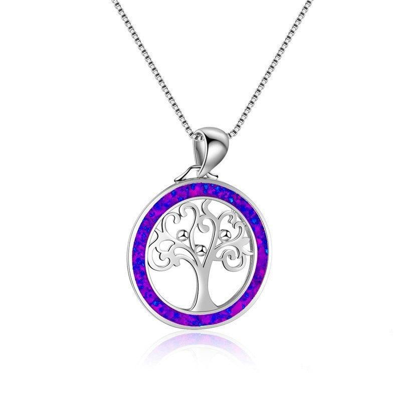 Tree of Life Fire Opal Round Necklace