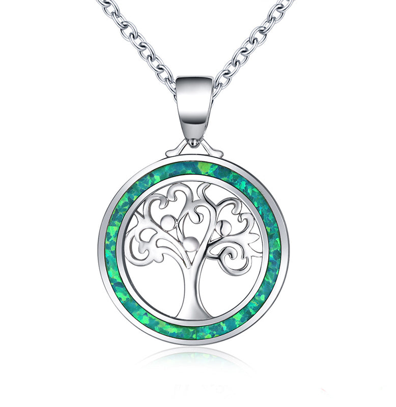 Tree of Life Fire Opal Round Necklace