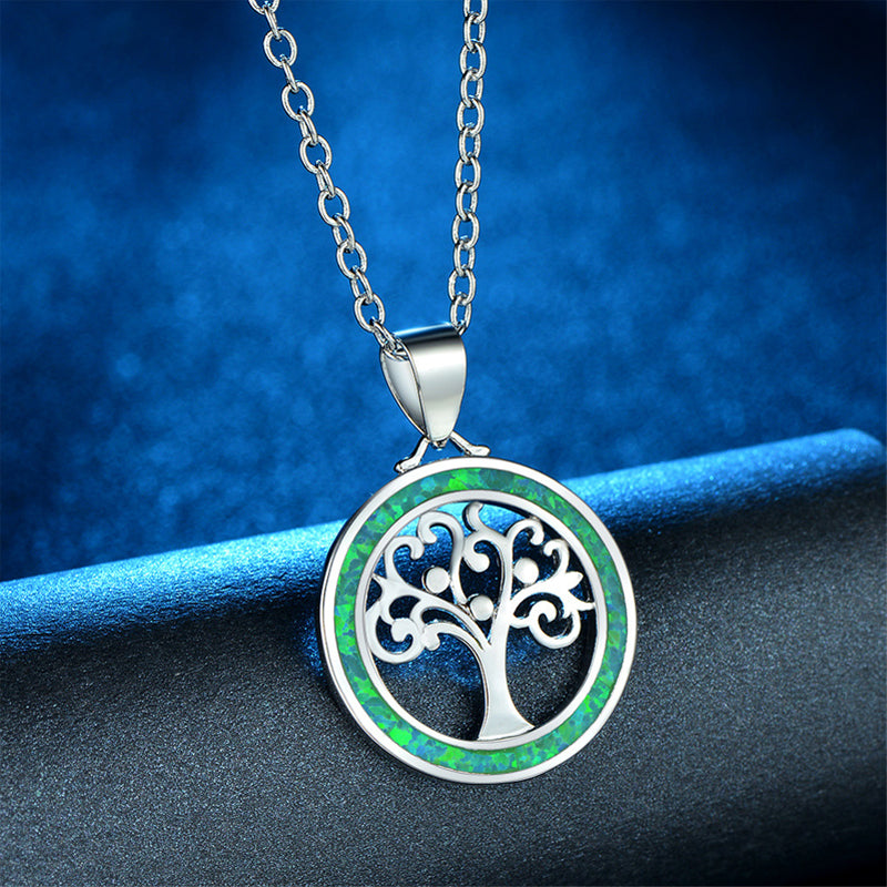 Tree of Life Fire Opal Round Necklace