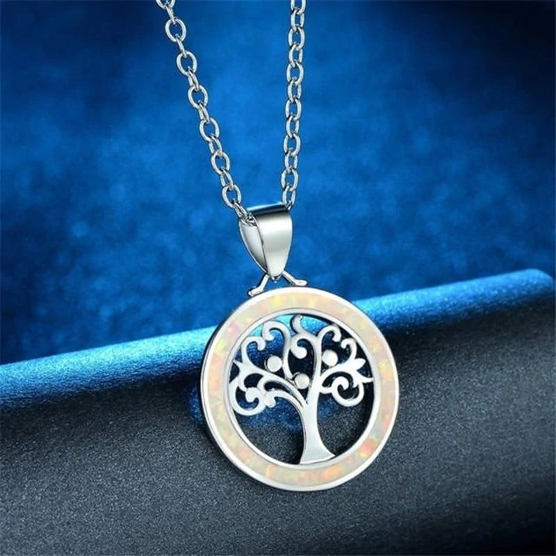 Tree of Life Fire Opal Round Necklace