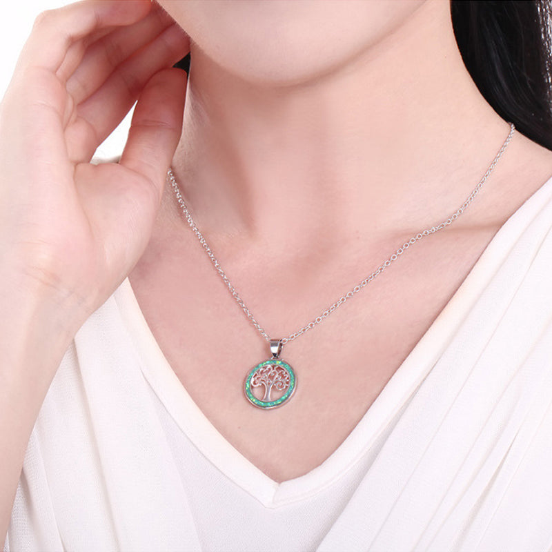 Tree of Life Fire Opal Round Necklace