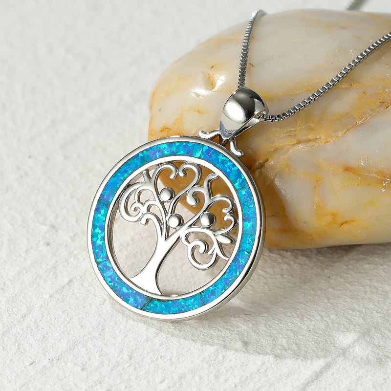 Tree of Life Fire Opal Round Necklace