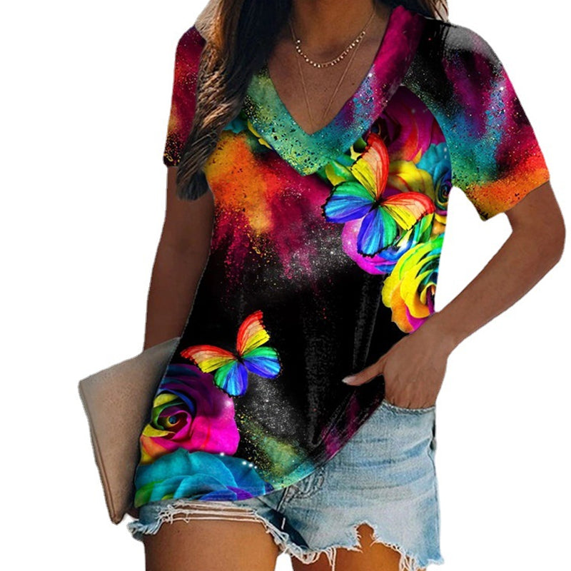 V-neck Rainbow Butterfly Printing Women's Cozy T-shirts