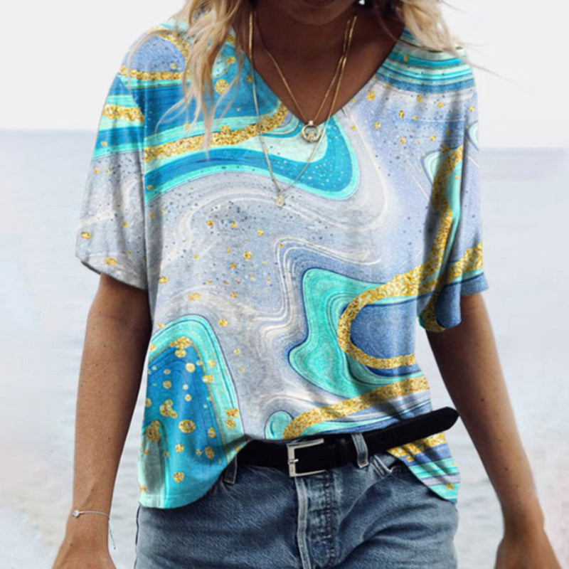 V Neck Marble Print T-Shirt