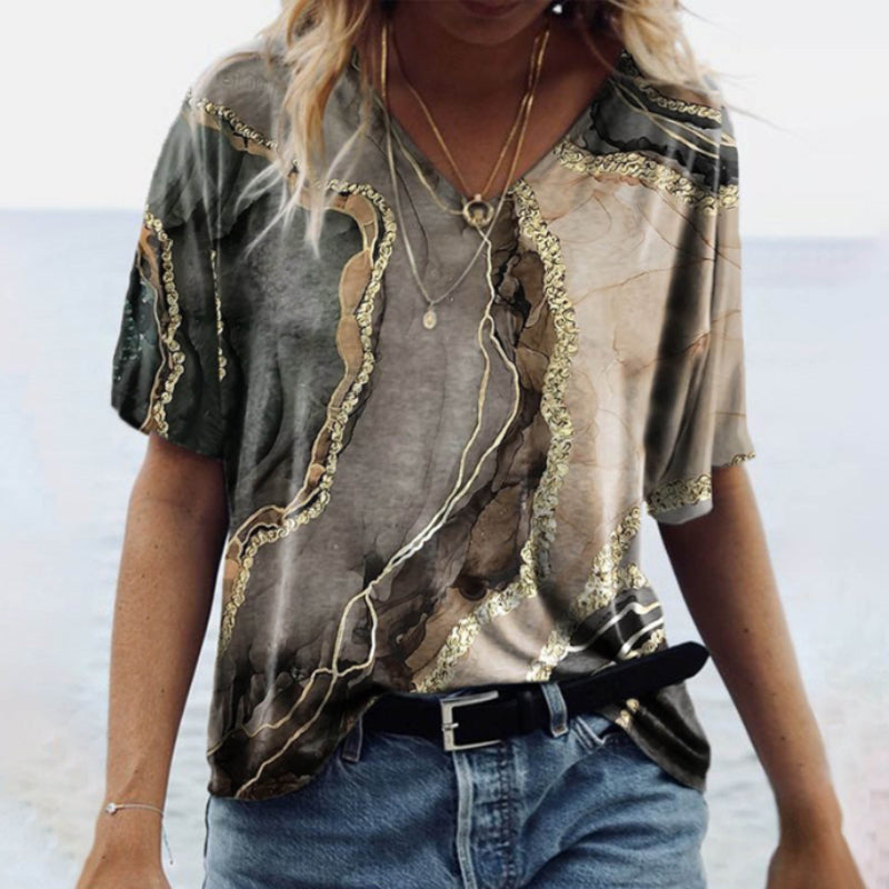 V Neck Marble Print T-Shirt