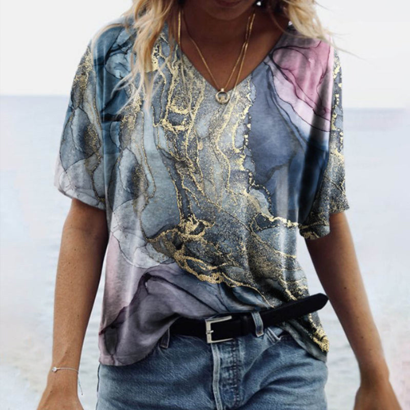 V Neck Marble Print T-Shirt