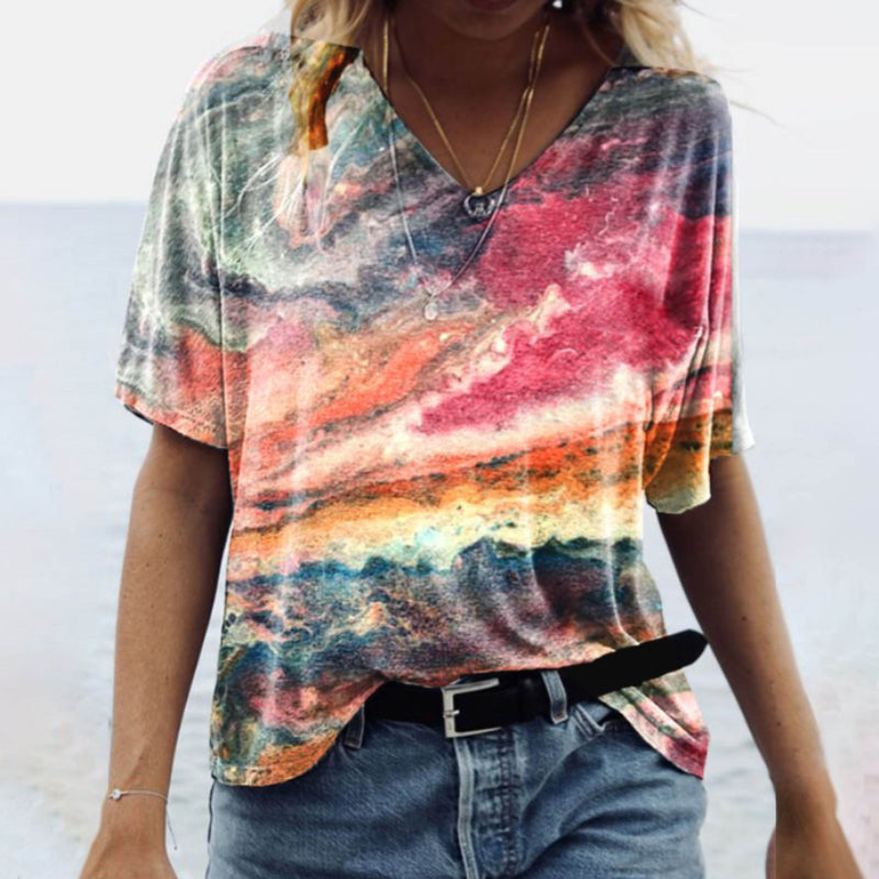 V Neck Marble Print T-Shirt