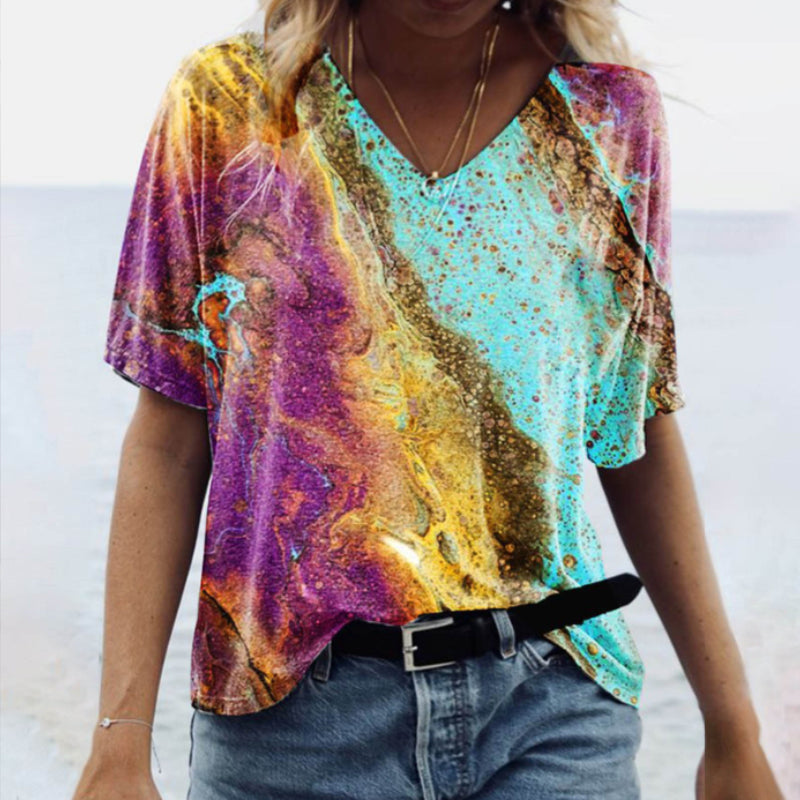V Neck Marble Print T-Shirt