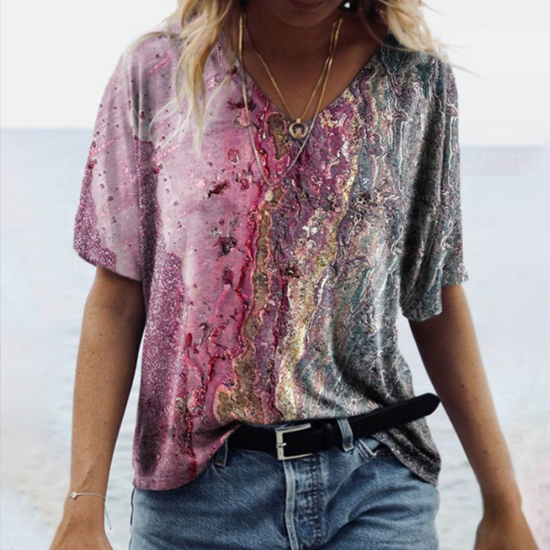 V Neck Marble Print T-Shirt