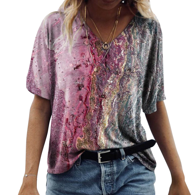 V Neck Marble Print T-Shirt